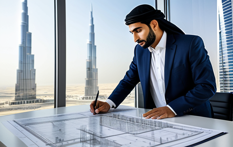 **
A professional Middle Eastern architect, fully clothed in modest business attire, reviewing blueprints in a modern architectural office in Dubai, with the Burj Khalifa visible through the window. Perfect anatomy, correct proportions, natural pose, professional photography, high quality, safe for work, appropriate content, fully clothed, professional.
**
