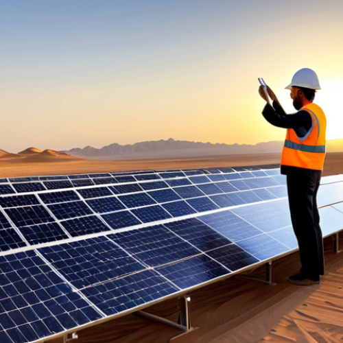 Home 6 **
A professional female engineer, fully clothed in modest work attire (long-sleeved shirt, work pants, safety vest), inspecting a solar panel array in a vast desert landscape at sunset. Appropriate content, safe for work, family-friendly. Perfect anatomy, correct proportions, natural pose, well-formed hands, proper finger count, natural body proportions, professional photography, high quality. The scene should evoke the innovation of renewable energy within a traditional Arab setting.
**