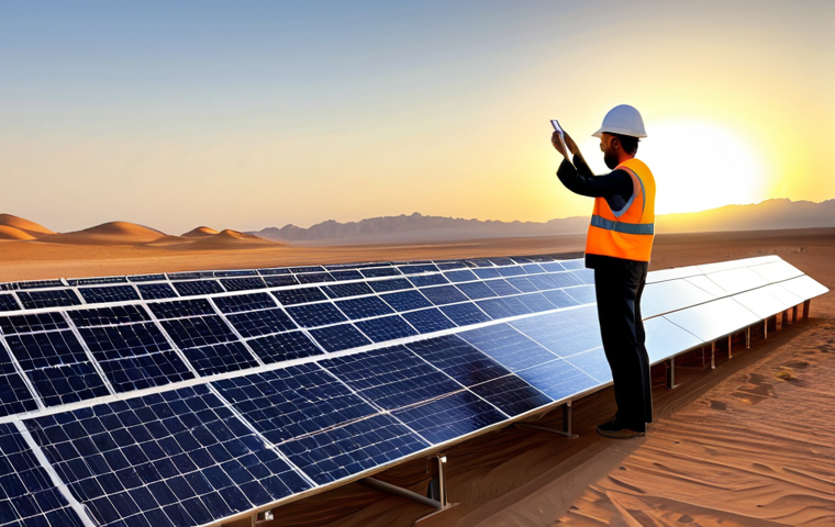 **
A professional female engineer, fully clothed in modest work attire (long-sleeved shirt, work pants, safety vest), inspecting a solar panel array in a vast desert landscape at sunset. Appropriate content, safe for work, family-friendly. Perfect anatomy, correct proportions, natural pose, well-formed hands, proper finger count, natural body proportions, professional photography, high quality. The scene should evoke the innovation of renewable energy within a traditional Arab setting.
**