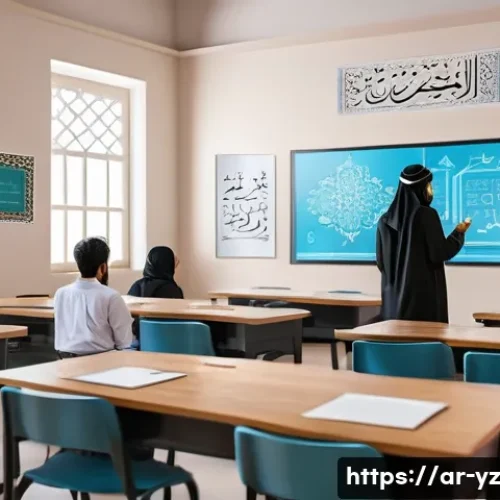 Home 32 지식 공유 시스템의 최신 트렌드 - A modern digital classroom scene set in a Middle Eastern environment, featuring diverse Arab student...