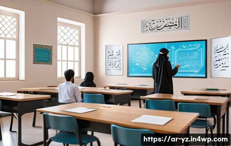 지식 공유 시스템의 최신 트렌드 - A modern digital classroom scene set in a Middle Eastern environment, featuring diverse Arab student...