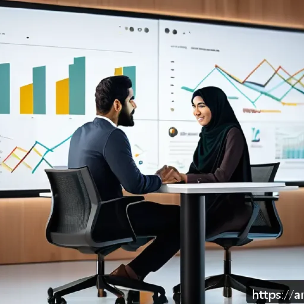 지식 공유 플랫폼의 업데이트 및 유지 관리 - A modern digital workspace showcasing a Middle Eastern man and woman collaborating on a website rede...