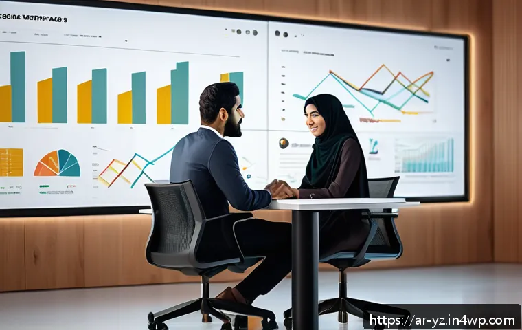 지식 공유 플랫폼의 업데이트 및 유지 관리 - A modern digital workspace showcasing a Middle Eastern man and woman collaborating on a website rede...