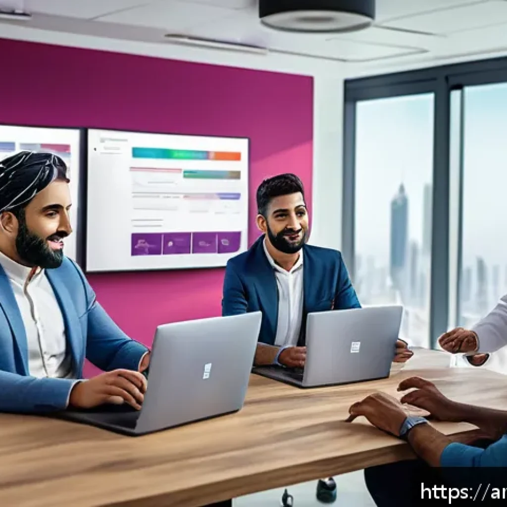 지식 공유 시스템의 기술적 발전 - A diverse team of Arab professionals collaborating in a modern digital office environment, using mul...