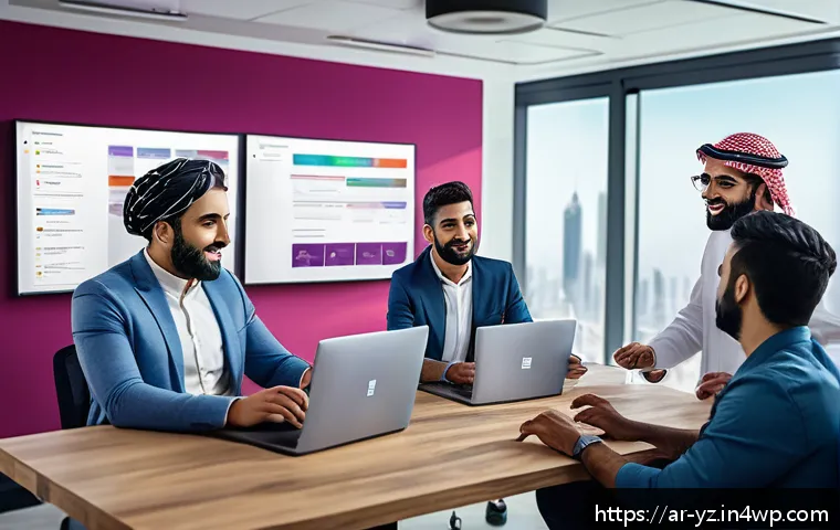지식 공유 시스템의 기술적 발전 - A diverse team of Arab professionals collaborating in a modern digital office environment, using mul...