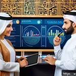 Home 23 효율적인 문서 관리와 지식 공유 - A modern Arab office environment with diverse professionals collaborating around a large digital tou...