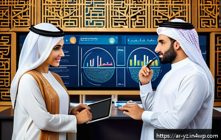 효율적인 문서 관리와 지식 공유 - A modern Arab office environment with diverse professionals collaborating around a large digital tou...