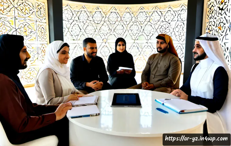 Home 17 지식 공유 문화 확산을 위한 캠페인 전략 - Photorealistic community knowledge-sharing campaign scene in a modern Arab cultural center, diverse ...