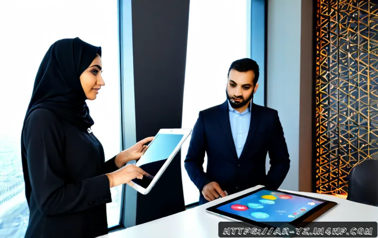 지식 공유 시스템의 디지털 전환 전략 - Photorealistic modern knowledge-sharing workspace in a Gulf Arab office, diverse Arab professionals ...