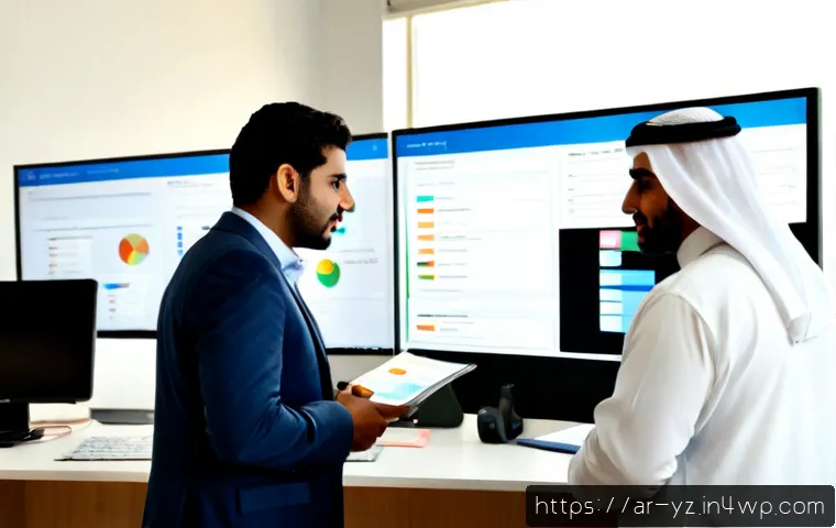 지식 공유 시스템 구축 시 고려해야 할 요소 - Photorealistic modern knowledge-sharing workspace in a Gulf Arab organization, diverse Arab professi...